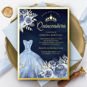 Invitation En Aluminium Robe Florale Bleu Pastel Quinceanera Navy Or