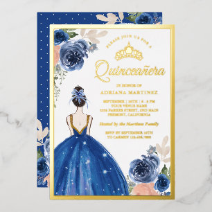 Invitation En Aluminium Robe florale bleu royal Princesse Quinceanera Or