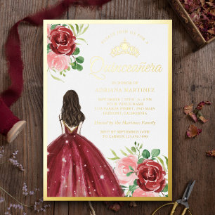 Invitation En Aluminium Robe Florale Bourgogne Princesse Quinceanera Or