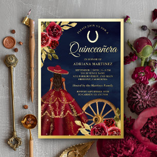 Invitation En Aluminium Robe florale de Bourgogne Navy Charro Quinceanera