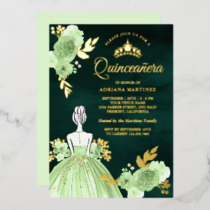 Invitation En Aluminium Robe Florale de menthe Emerald Vert Quinceanera Or