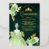 Invitation En Aluminium Robe Florale de menthe Emerald Vert Quinceanera Or (Recto)