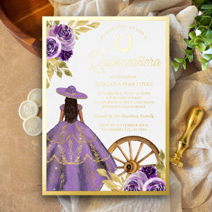 Invitation En Aluminium Robe florale Dusty Lilac Charro Quinceanera Or