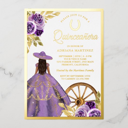Invitation En Aluminium Robe florale Dusty Lilac Charro Quinceanera Or (Recto)