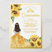 Invitation En Aluminium Robe Florale Jaune Fleurs de soleil Quinceanera Or (Recto)