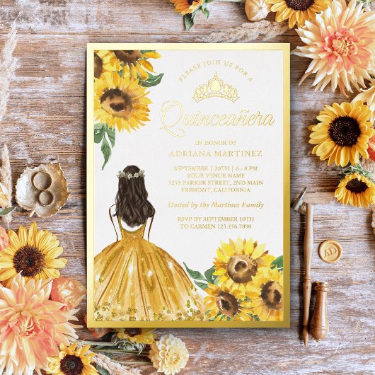 Invitation En Aluminium Robe Florale Jaune Fleurs de soleil Quinceanera Or