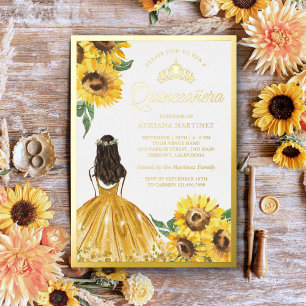 Invitation En Aluminium Robe Florale Jaune Tournesols Quinceanera Or