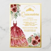 Invitation En Aluminium Robe Florale Marsala Rouge Quinceanera Or (Recto)