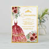 Invitation En Aluminium Robe Florale Marsala Rouge Quinceanera Or (Debout devant)