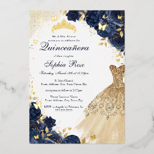 Invitation En Aluminium Robe florale papillon Navy Or Quinceanera