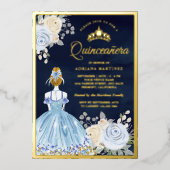Invitation En Aluminium Robe florale Pastel bleu Marine Quinceanera Or (Recto)