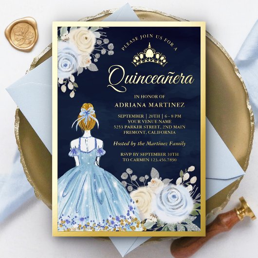 Invitation En Aluminium Robe florale Pastel bleu Marine Quinceanera Or