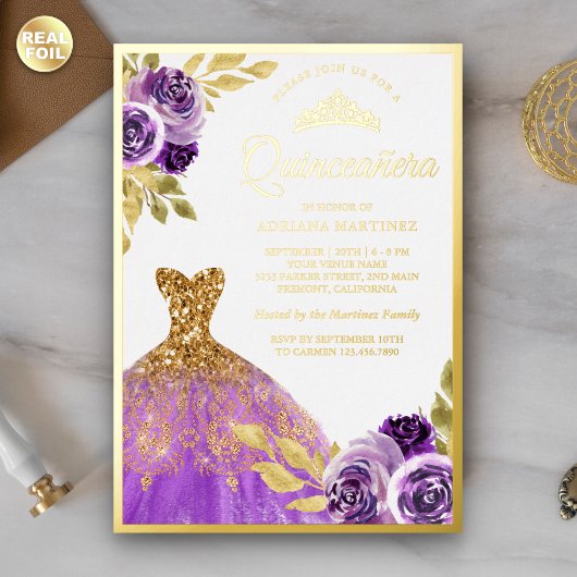 Invitation En Aluminium Robe Florale pourpre Éperche Quinceanera Or