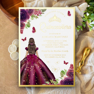 Invitation En Aluminium Robe Florale prune Papillon Quinceanera Or