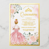 Invitation En Aluminium Robe florale rose pâle Princesse Quinceanera Or (Recto)