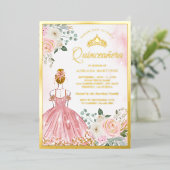 Invitation En Aluminium Robe florale rose pâle Princesse Quinceanera Or (Debout devant)
