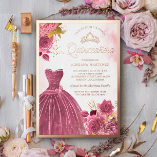 Invitation En Aluminium Robe Florale Rose Pâle Quinceanera Or Rose