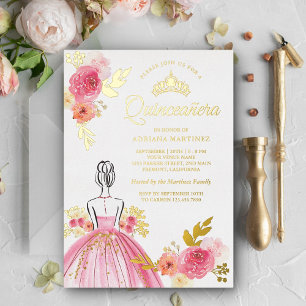 Invitation En Aluminium Robe Florale Rose Princesse Quinceanera Or