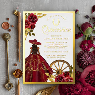 Invitation En Aluminium Robe Florale Rouge Bourgogne Charro Quinceanera Or
