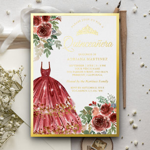 Invitation En Aluminium Robe florale rouge Marsala Quinceanera or