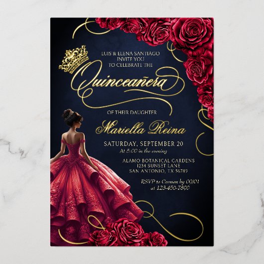 Invitation En Aluminium Robe Florale Rouge Quinceañera (Recto)