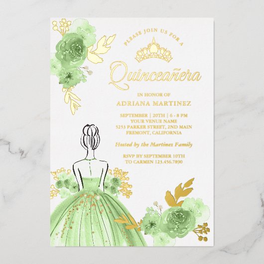 Invitation En Aluminium Robe Florale verte à la menthe Princess Quinceaner (Recto)