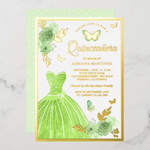 Invitation En Aluminium Robe Florale verte Lime Papillon Quinceanera Or
