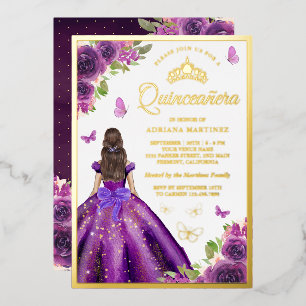 Invitation En Aluminium Robe Florale violette Papillon Quinceanera Or