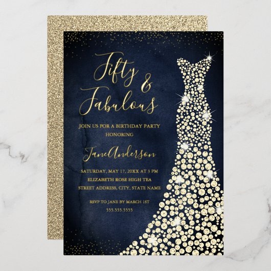 Invitation En Aluminium Robe Gold Navy 50 & Fabuleux anniversaire (Recto/Verso)