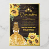 Invitation En Aluminium Robe Jaune Fleurs de soleil Barre Bois Quinceanera (Recto)