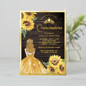 Invitation En Aluminium Robe Jaune Fleurs de soleil Barre Bois Quinceanera (Debout devant)