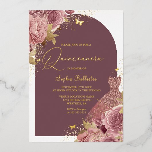 Invitation En Aluminium Robe Magique & Arc Enchantée Quinceanera Or (Recto)