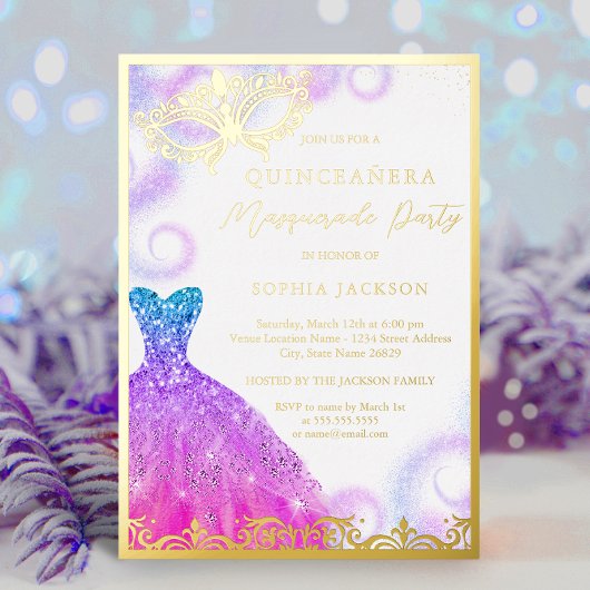 Invitation En Aluminium Robe Masquerade bleu violet Quinceanera