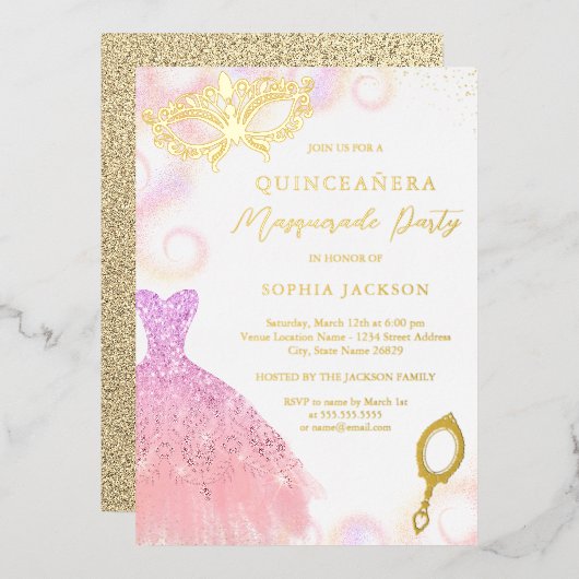 Invitation En Aluminium Robe Masquerade violet Blush Quinceanera (Recto/Verso)
