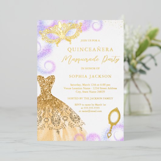 Invitation En Aluminium Robe Masquerade violet or Quinceanera (Debout devant)