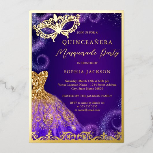 Invitation En Aluminium Robe Masquerade violet or Quinceanera (Recto)