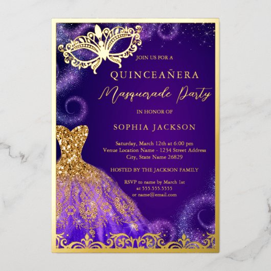 Invitation En Aluminium Robe Masquerade violet or Quinceanera Foi (Recto)