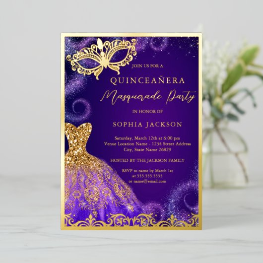 Invitation En Aluminium Robe Masquerade violet or Quinceanera Foi (Debout devant)