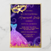 Invitation En Aluminium Robe Masquerade violet or Quinceanera Foi (Recto)
