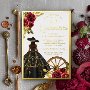 Invitation En Aluminium Robe noire florale bordeaux charro Quinceanera or