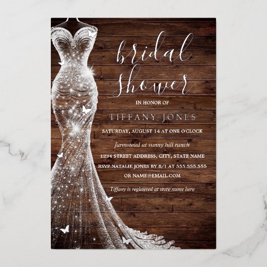 Invitation En Aluminium Robe papillon argenté Fête des mariées rustique (Recto)