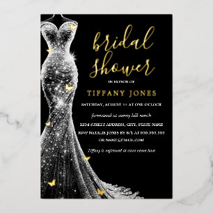Invitation En Aluminium Robe papillon noir or mariage Shower