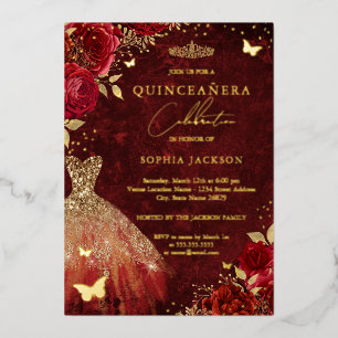Invitation En Aluminium Robe Quinceanera papillon floral rouge or