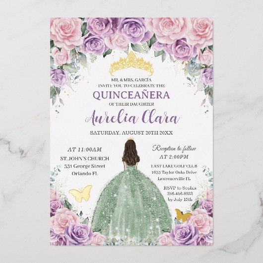 Invitation En Aluminium Robe Quinceañera verte sauge fleurs roses violette (Recto)