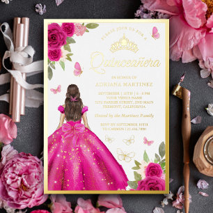 Invitation En Aluminium Robe rose chaude papillon Quinceanera Or