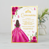 Invitation En Aluminium Robe rose chaude papillon Quinceanera Or (Debout devant)