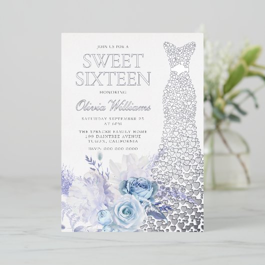 Invitation En Aluminium Robe Rose  d'argent Robe douce 16 Partie (Debout devant)