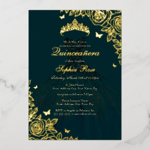 Invitation En Aluminium Robe Rose Emerald Gold Quinceanera
