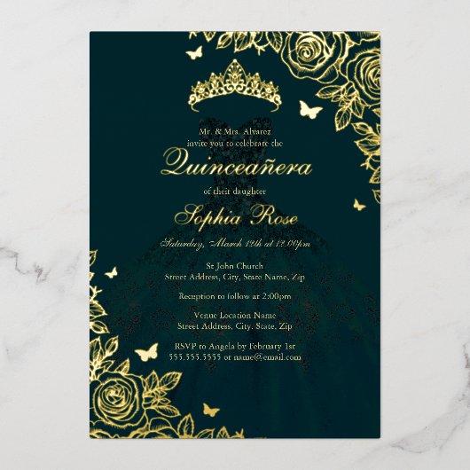 Invitation En Aluminium Robe Rose Emerald Gold Quinceanera (Recto)