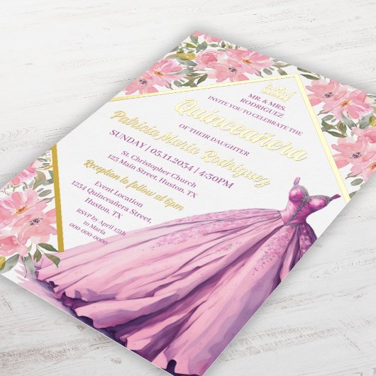 Invitation En Aluminium Robe rose florale violet élégant Quinceanera Or